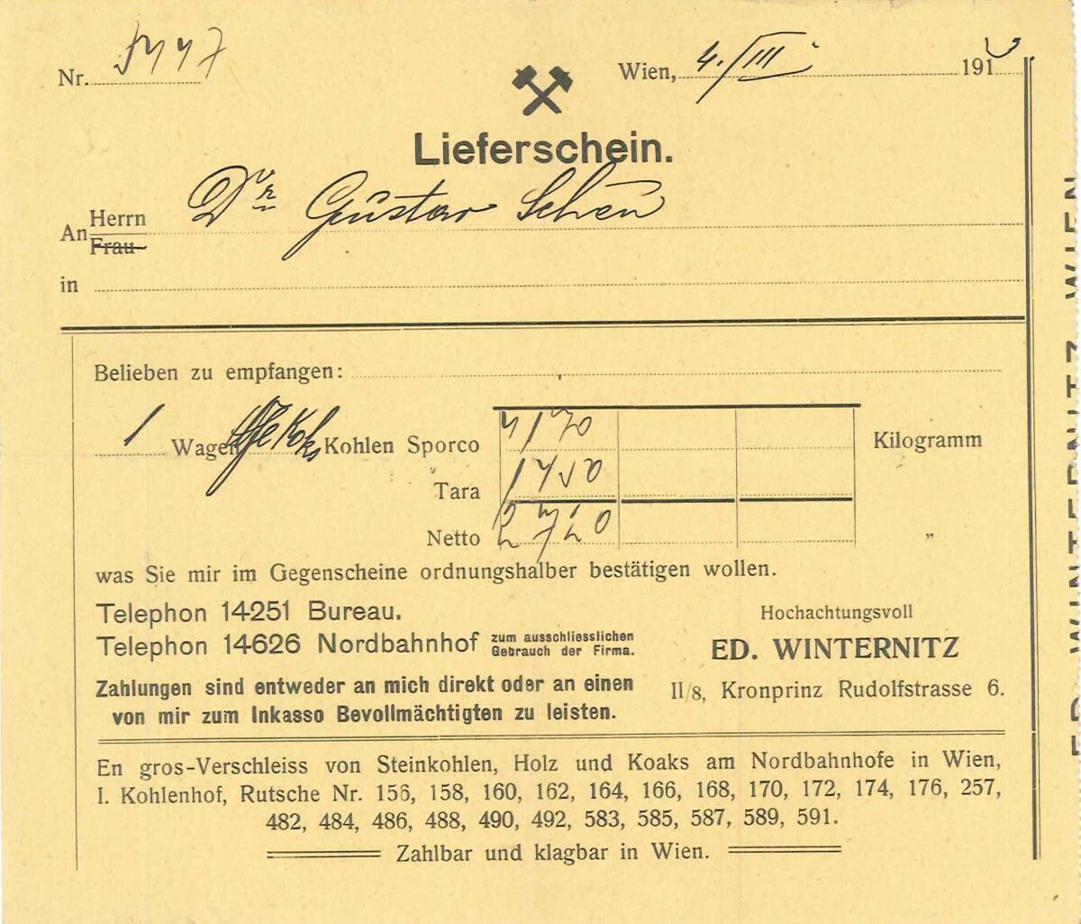 Lieferschein von Kohlengeschäft Ed. Winternitz, Wien II., Kronprinz Rudolf-Straße 6, an Gustav …