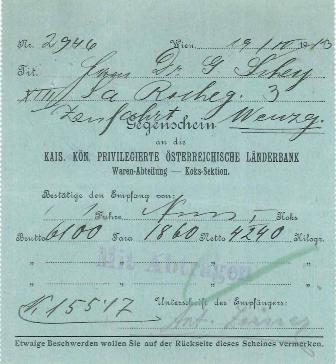 Gegenschein von Gustav Scheu, Wien XIII., La Rochegasse 3, an die kais. kön. privilegierte Öste…