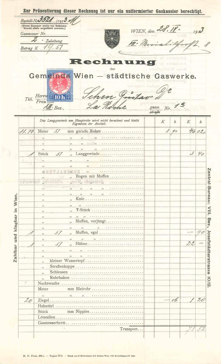 Rechnung der Gemeinde Wien – städtische Gaswerke an Gustav Scheu, betreffend Haus Scheu, Inv. N…