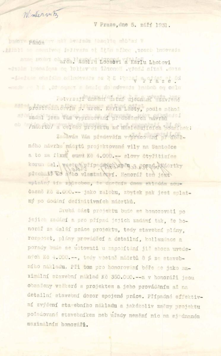 Brief in tschechischer Sprache von Karel Lhota und Adolf Loos, Prag, an Dr. Josef Winternitz, P…