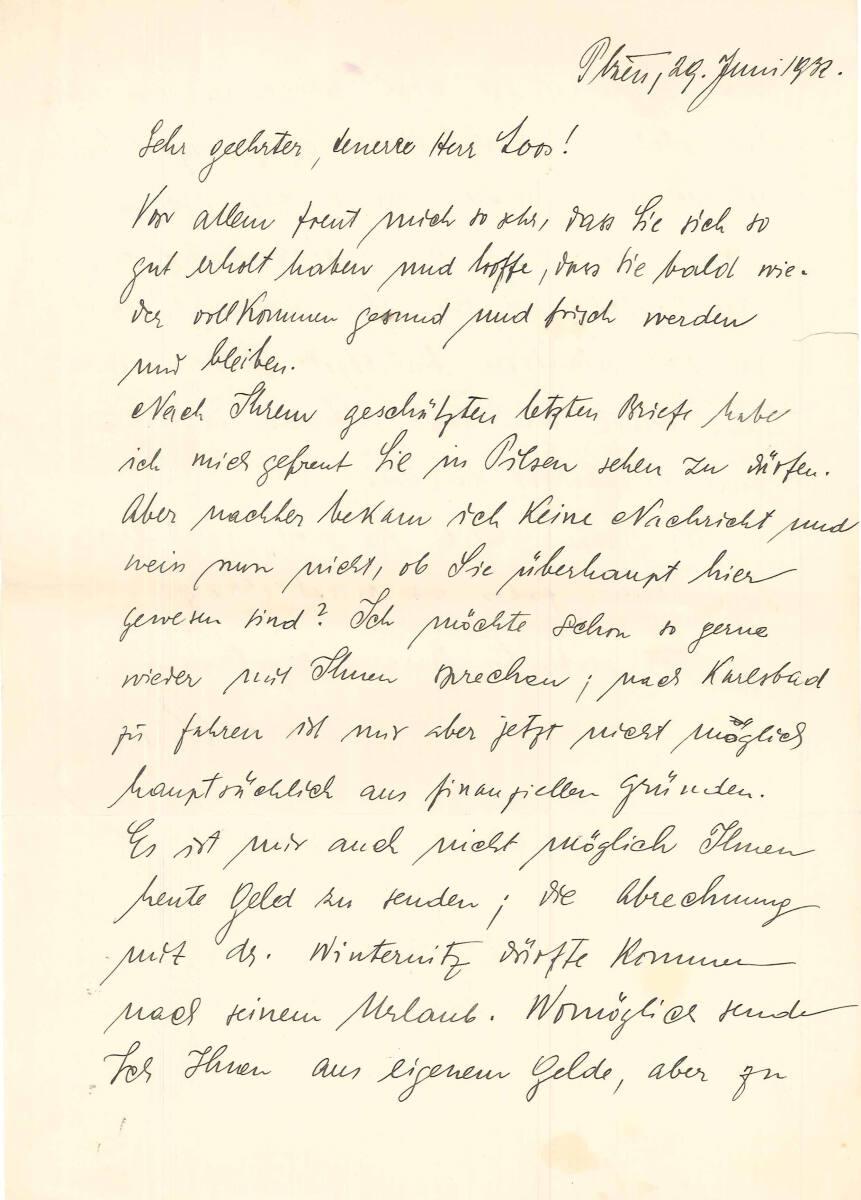 Brief von Karel Lhota an Adolf Loos, betreffend Haus Dr. Winternitz, Prag, Inv. Nr.: ALA4096
