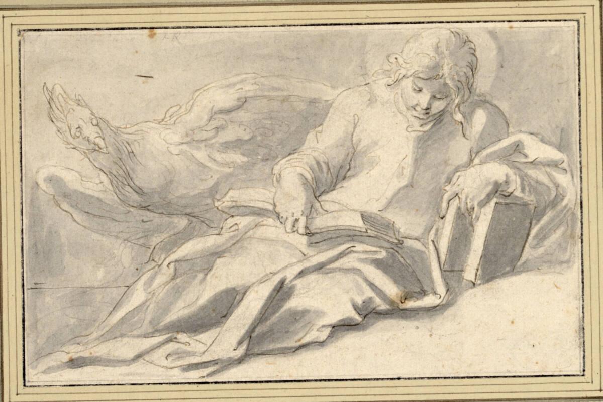 Johannes Evangelista sitzt am Boden und liest im Evangelium; neben ihm der Adler, Inv. Nr.: 176…