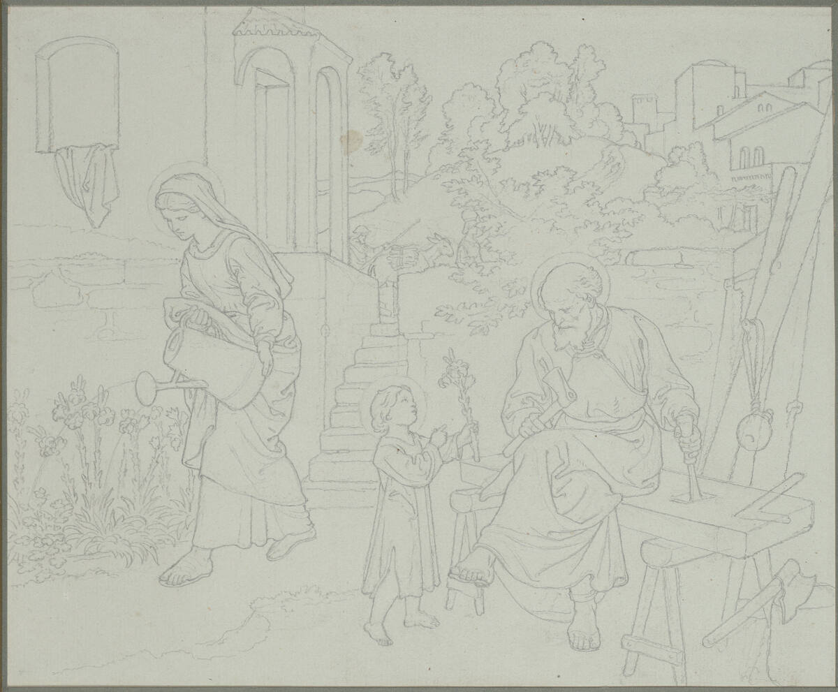 Leben in Nazareth: Die Heilige Familie arbeitend, Marie Blumen gießend, Joseph ein Loch in den Balken stemmend vor Landschaft im Hintergrund, Joseph von Führich