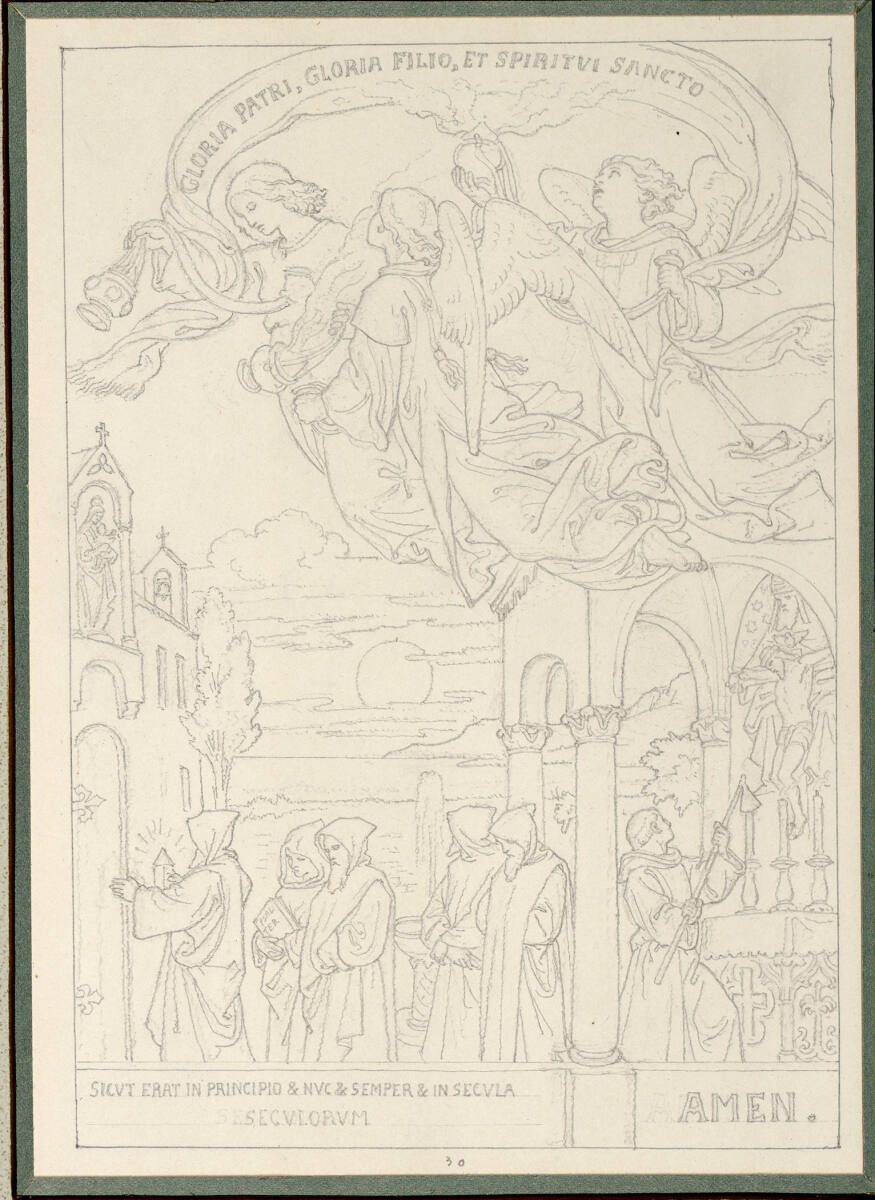 30. Psalm 150: Die Heimkehr der Mönchen vom Gottesdienste, oben drei schwebende Engel mit dem Spruchband, Joseph von Führich