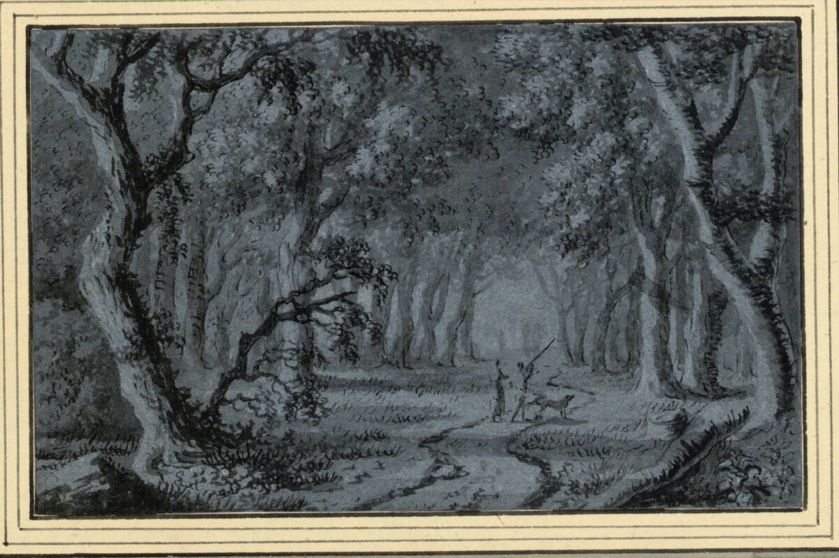 Waldlandschaft mit 2 Jägern und Hund, JeanPhilippeSarazin