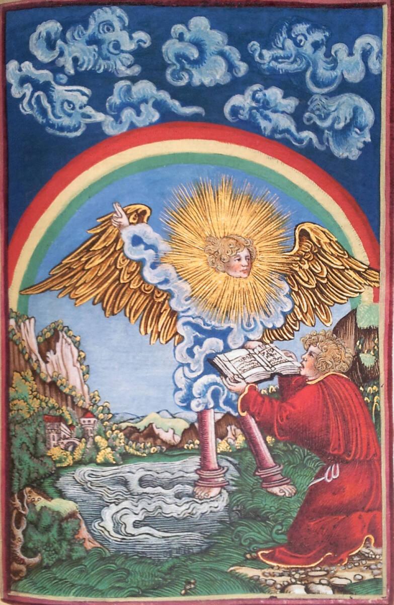 Georg Lemberger, Neues Testament (Luther-Bibel): Johannes empfängt ein Buch aus der Hand des En…