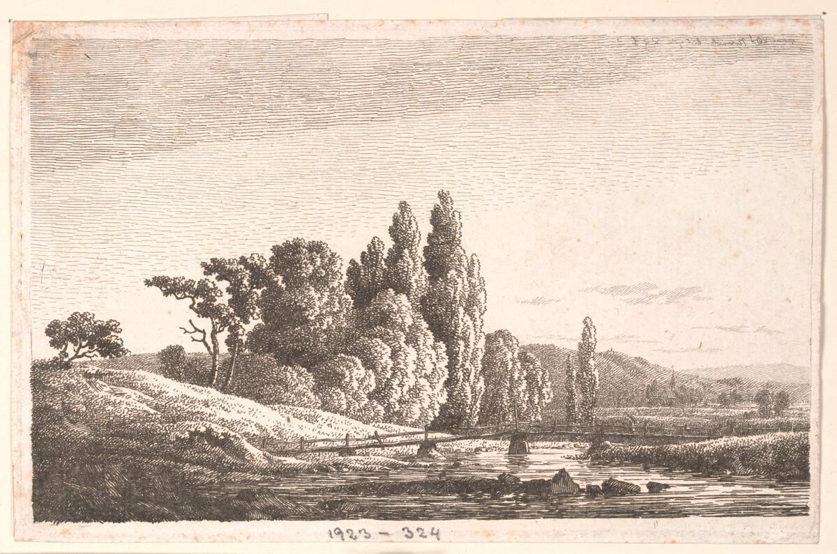 Caspar David Friedrich, Hügelige Landschaft mit einem Fluss und einem Steg darüber, Inv. Nr.: D…