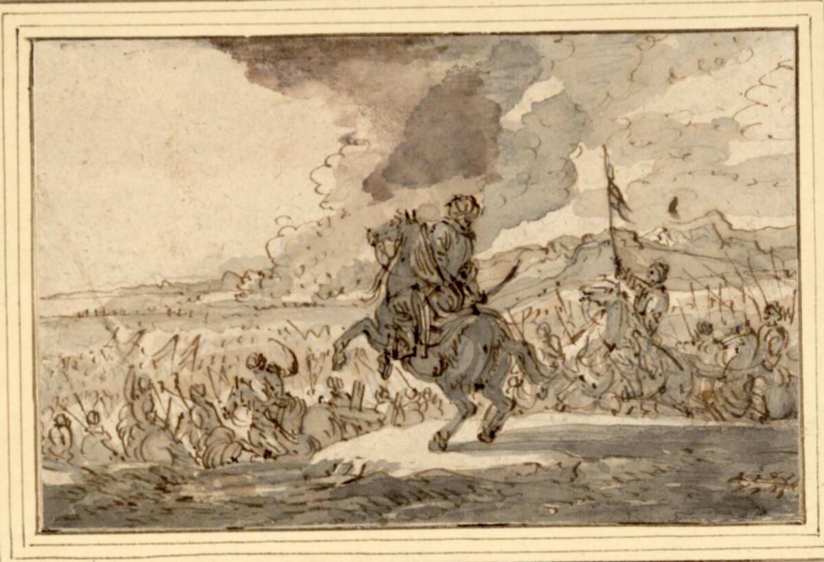 Michelangelo Cerquozzi, Reiterschlacht (Auf dem Feldherrnhügel im Vodergrund ein nach links spr…
