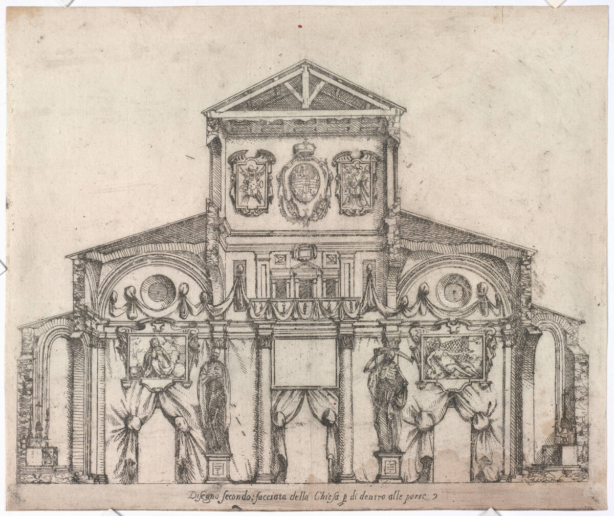 Anonym, Trauerarchitektur in der Basilica San Lorenzo, Florenz 1598, anlässlich der Begräbnisfeierlichkeiten zu Ehren Philipps II. von Spanien: Zweite Zeichnung