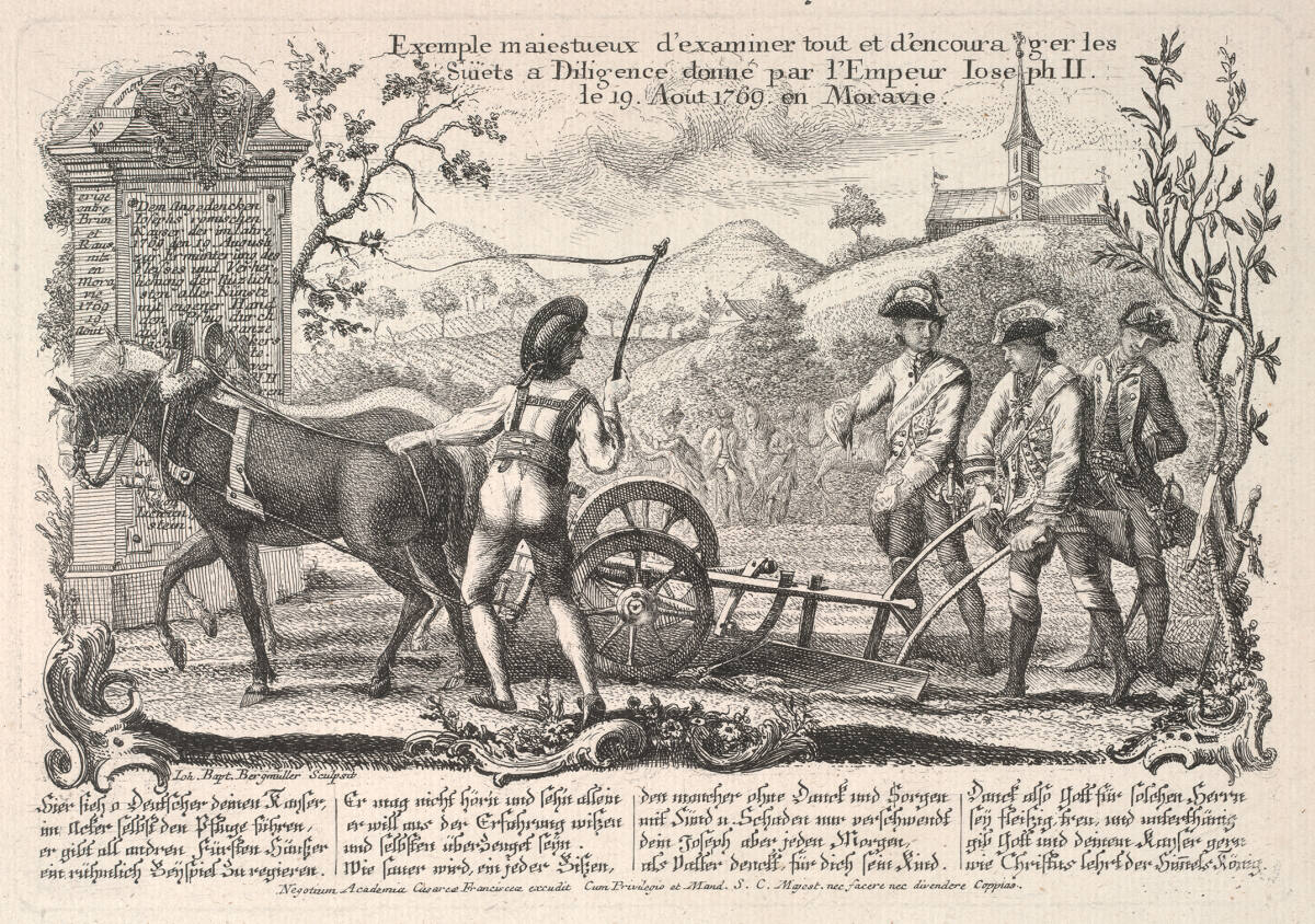 Kaiser Joseph II. führt persönlich den Pflug auf einem Ackerfeld in Slawikowitz (Slavíkovice) bei Rausnitz (Rousínov) am 19. August 1769, Johann Baptist Bergmüller, 1769