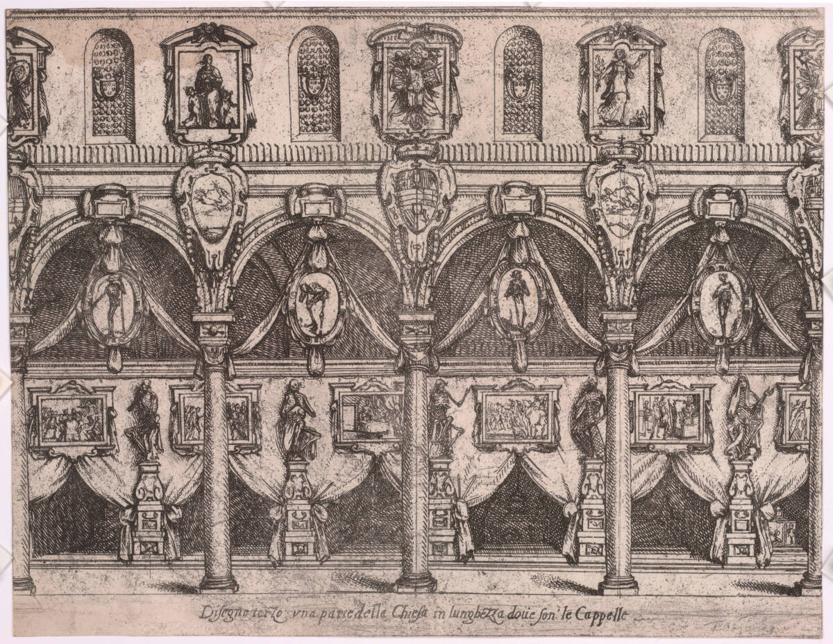 Anonym, Trauerarchitektur in der Basilica San Lorenzo, Florenz 1598, anlässlich der Begräbnisfeierlichkeiten zu Ehren Philipps II. von Spanien: Dritte Zeichnung