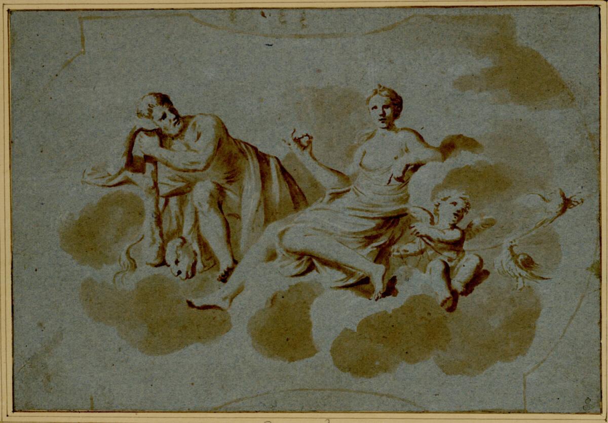 Francesco Fracanzano, Allegorie. (Venus auf Wolken sitzend, rechts neben ihr Amor, links Herkul…