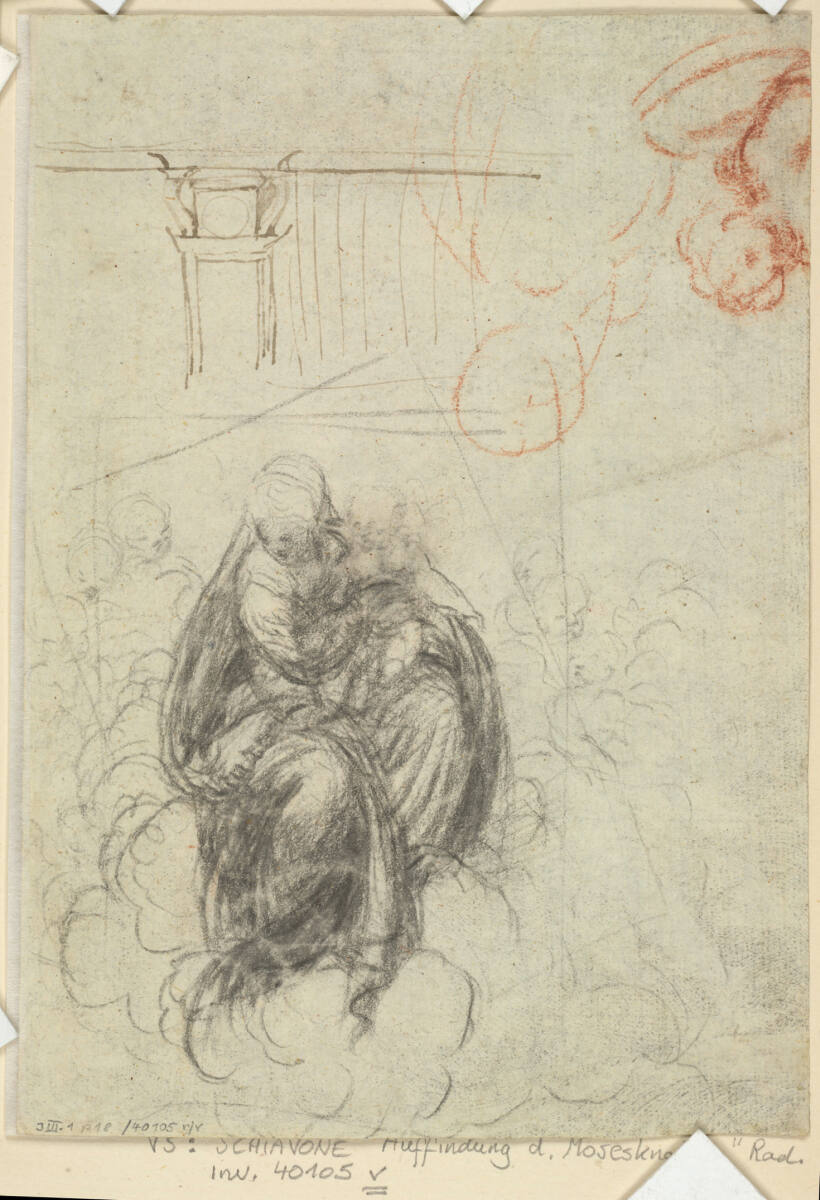 Skizzenblatt. Madonna mit Kind, von Engeln umgeben, auf Wolken (Kohle); umgekehrt: flüchtige Madonna mit Kind (Rötel); Säulenarchitektur mit Gesimse, Andrea Schiavone