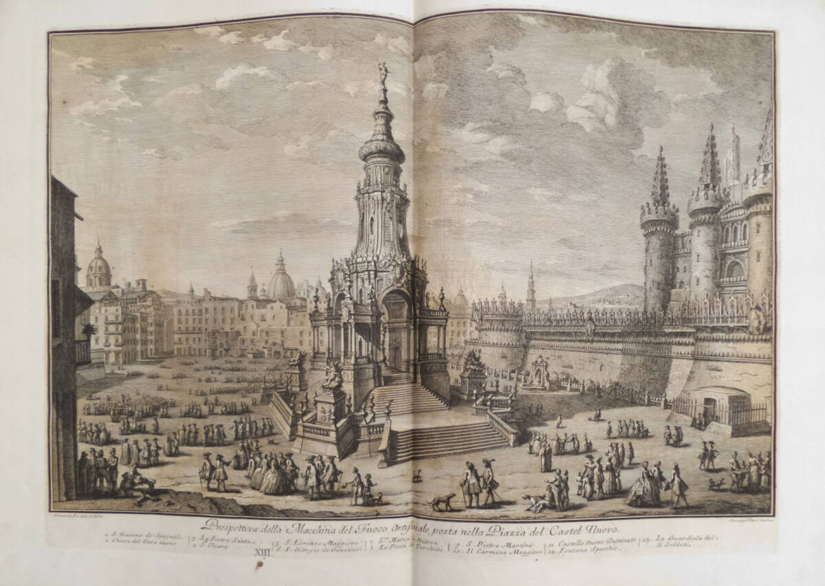 NARRAZIONE DELLE SOLENNI REALI FESTE FATTE CELEBRARE IN NAPOLI ...: Prospettiva della Macchina del Fuoco Artifiziale, ... (Tafel XIII), VincenzoRe, 1749