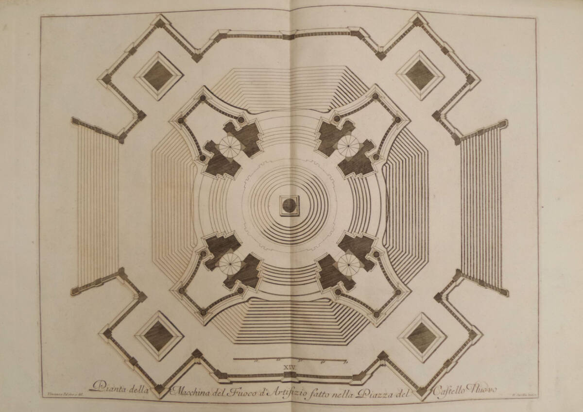 NARRAZIONE DELLE SOLENNI REALI FESTE FATTE CELEBRARE IN NAPOLI ...: Pianta della Macchina del Fuoco d' Artifizio (Tafel XIV), N.Jardin, 1749