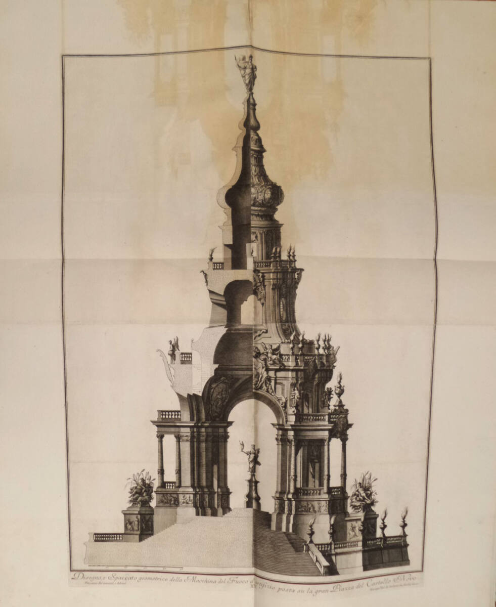 NARRAZIONE DELLE SOLENNI REALI FESTE FATTE CELEBRARE IN NAPOLI ...: Disegno e Spaccato geometrico della Macchina del Fuoco d' artificio ... (Tafel XV), VincenzoRe, 1749