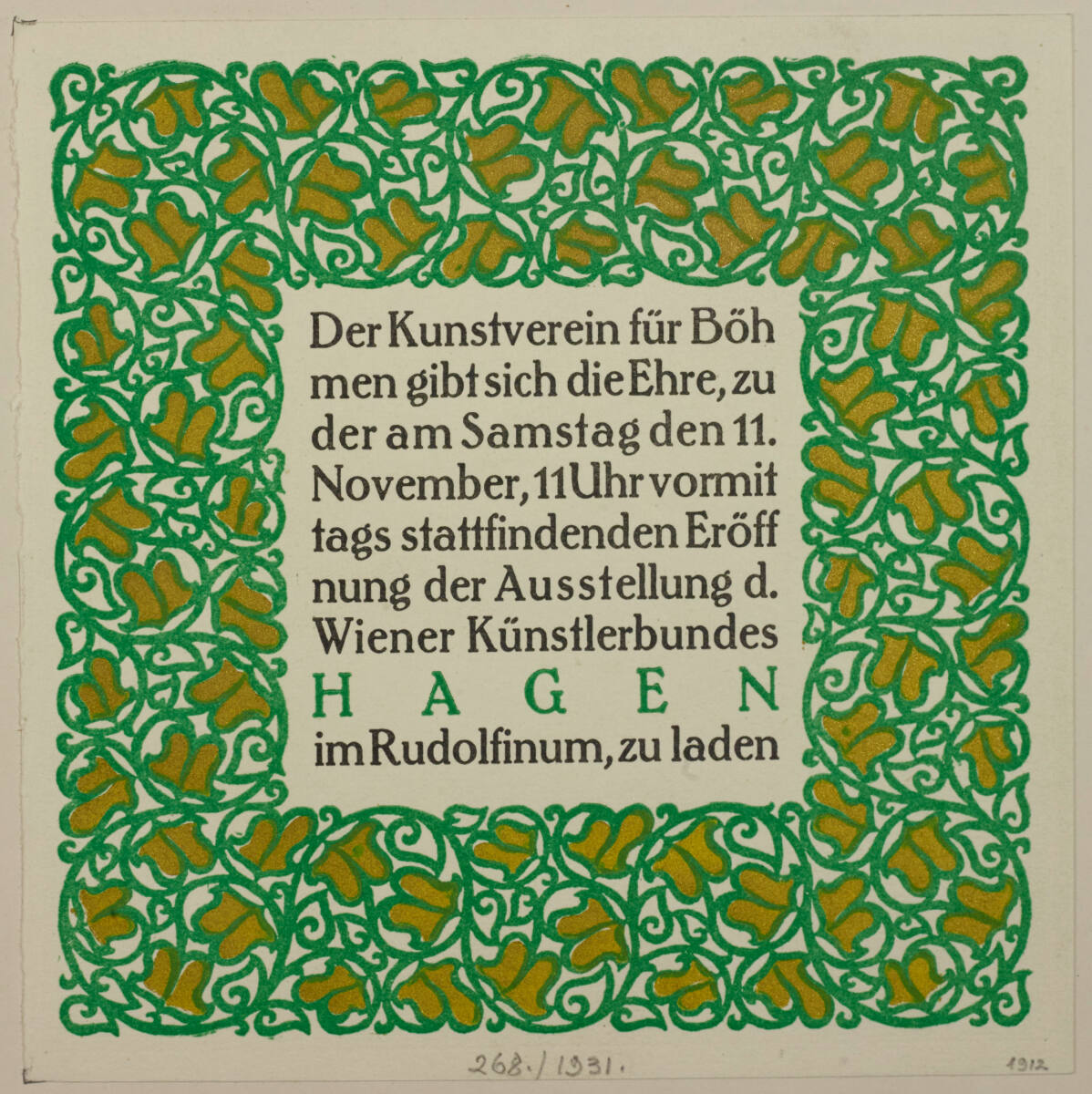 Einladungskarte zur Ausstellung des Wiener Künstlerbundes Hagen im Kunstverein Böhmen 1912, Rudolf Junk, 1912
