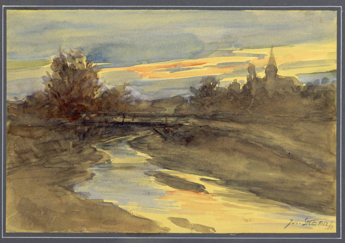 Landschaftsstudie mit Bach und Brücke in Abendstimmung, Joseph Straka