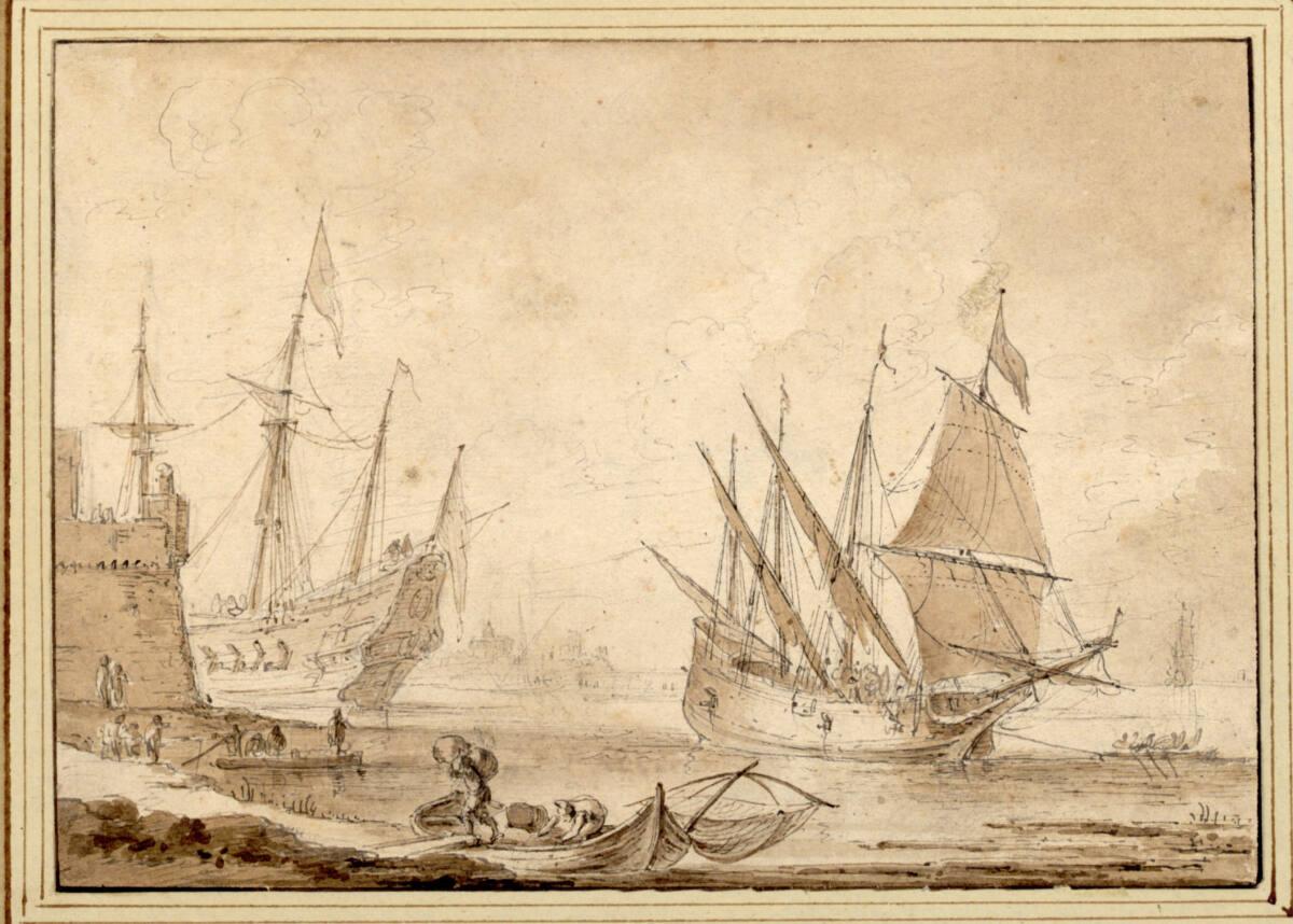 Anonym, Seestück. (Hafen mit Turm und anlegendem Fischerboot; auf dem Meer zwei Schiffe), Inv. …