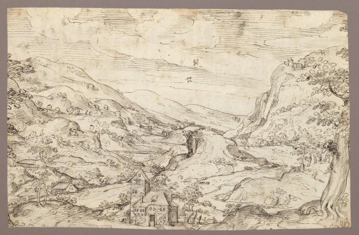 Anonym, Gebirgige Landschaft  (unten Mitte ein Haus mit Turm), Inv. Nr.: 20468