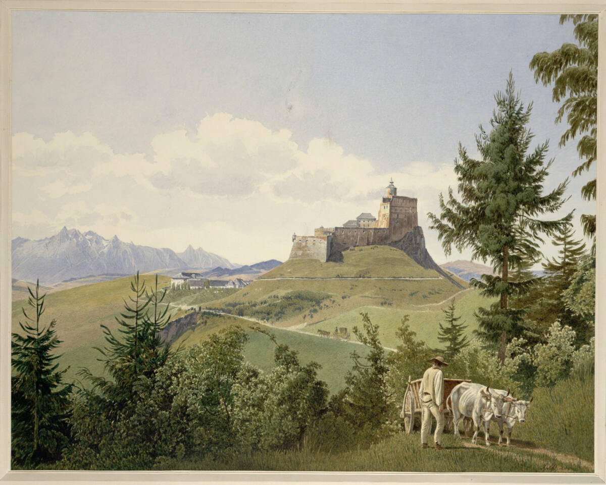 Schloss Lublau mit dem Tatragebirge in der Zips (Guckkastenblatt), Jakob Alt, 1839