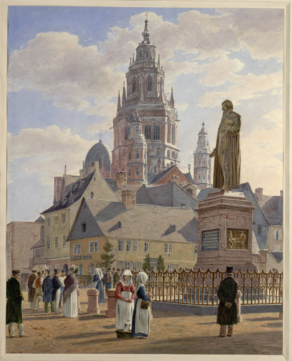 Der Dom und das Gutenbergdenkmal in Mainz (Guckkastenblatt), Jakob Alt, 1838