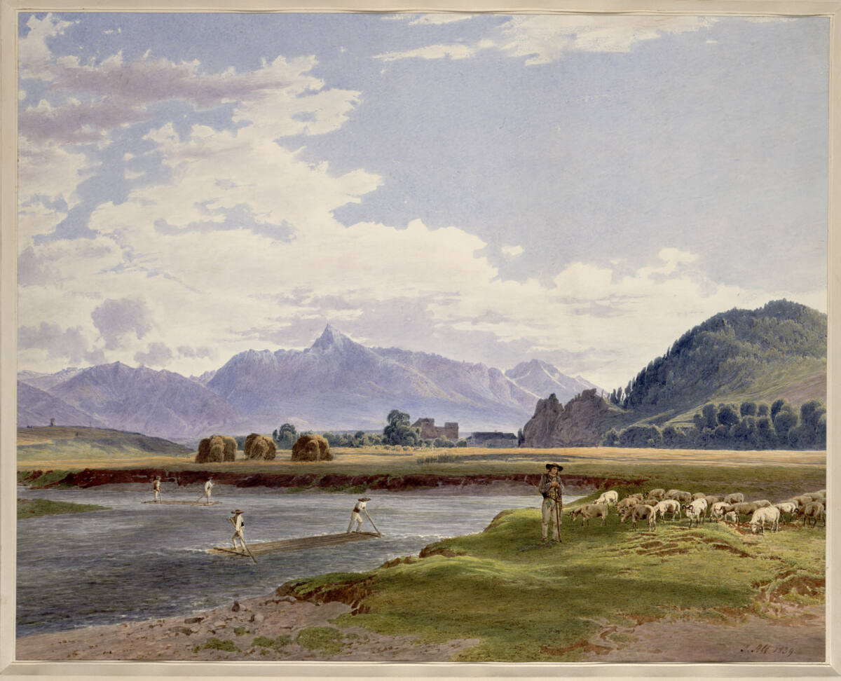Ansicht des Kriván von der Bela-Brücke bei Hrádek in der Liptau (Guckkastenblatt), Jakob Alt, 1839