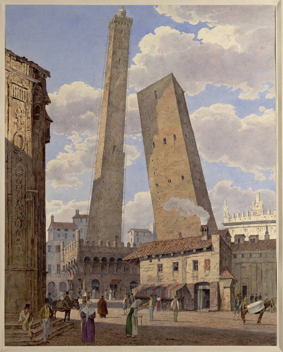 Die Türme Asinelli und Garisenda in Bologna (Guckkastenblatt), Jakob Alt