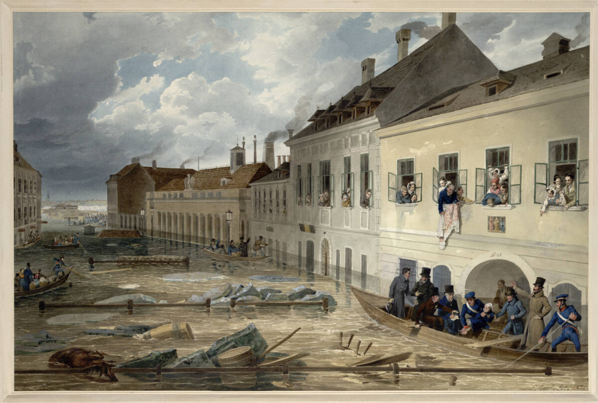 Roßau, Schmidgasse, am 2. März 1830 (Guckkastenblatt), Eduard Gurk, 1830