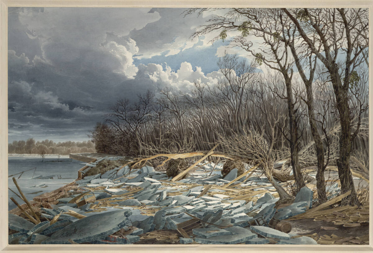Am Damm nächst dem k. k. Augarten am 3. März 1830 (Guckkastenblatt), Eduard Gurk, 1830