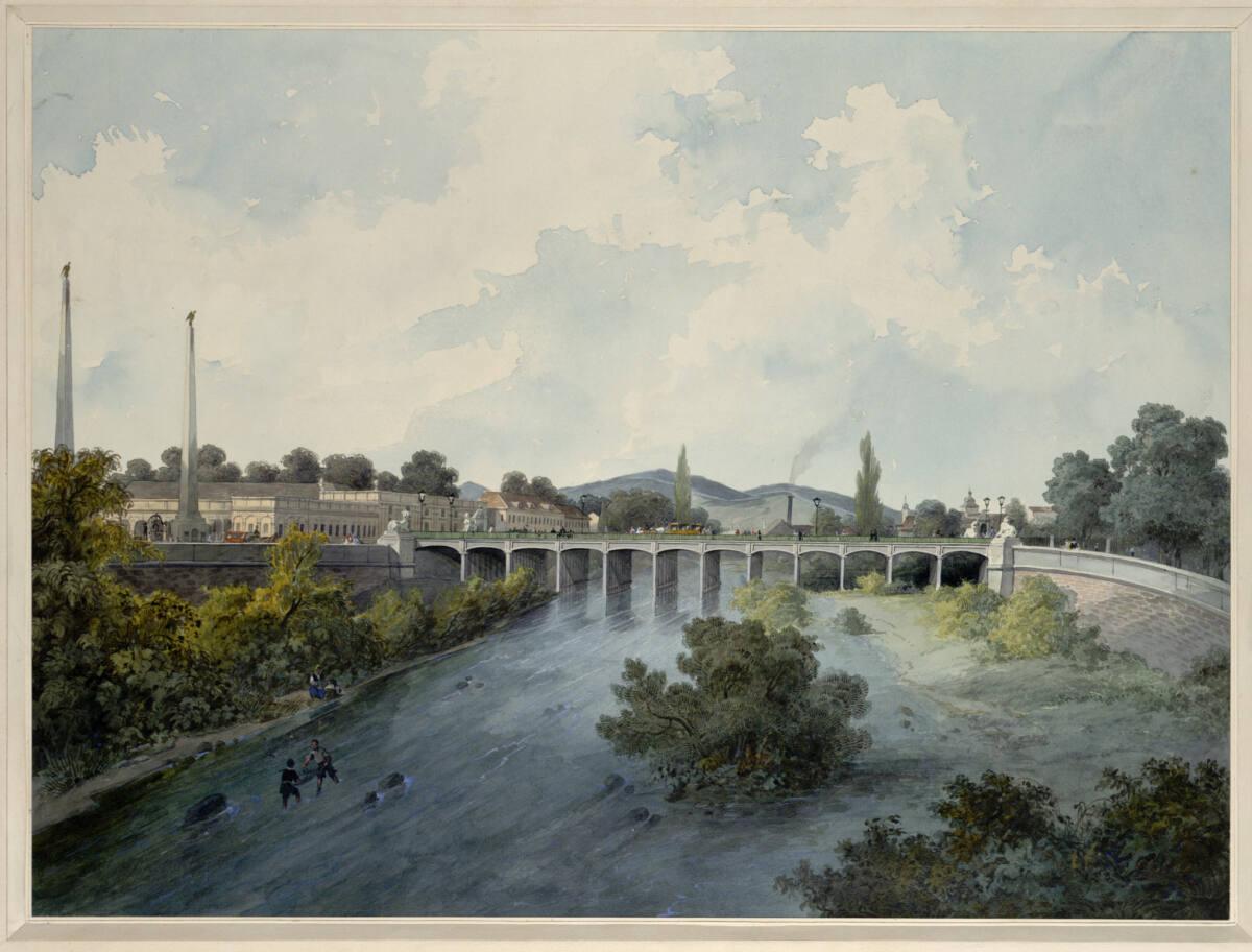 Eduard Gurk, Die Brücke über die Wien bei Schönbrunn (Guckkastenblatt), Inv. Nr.: 22614