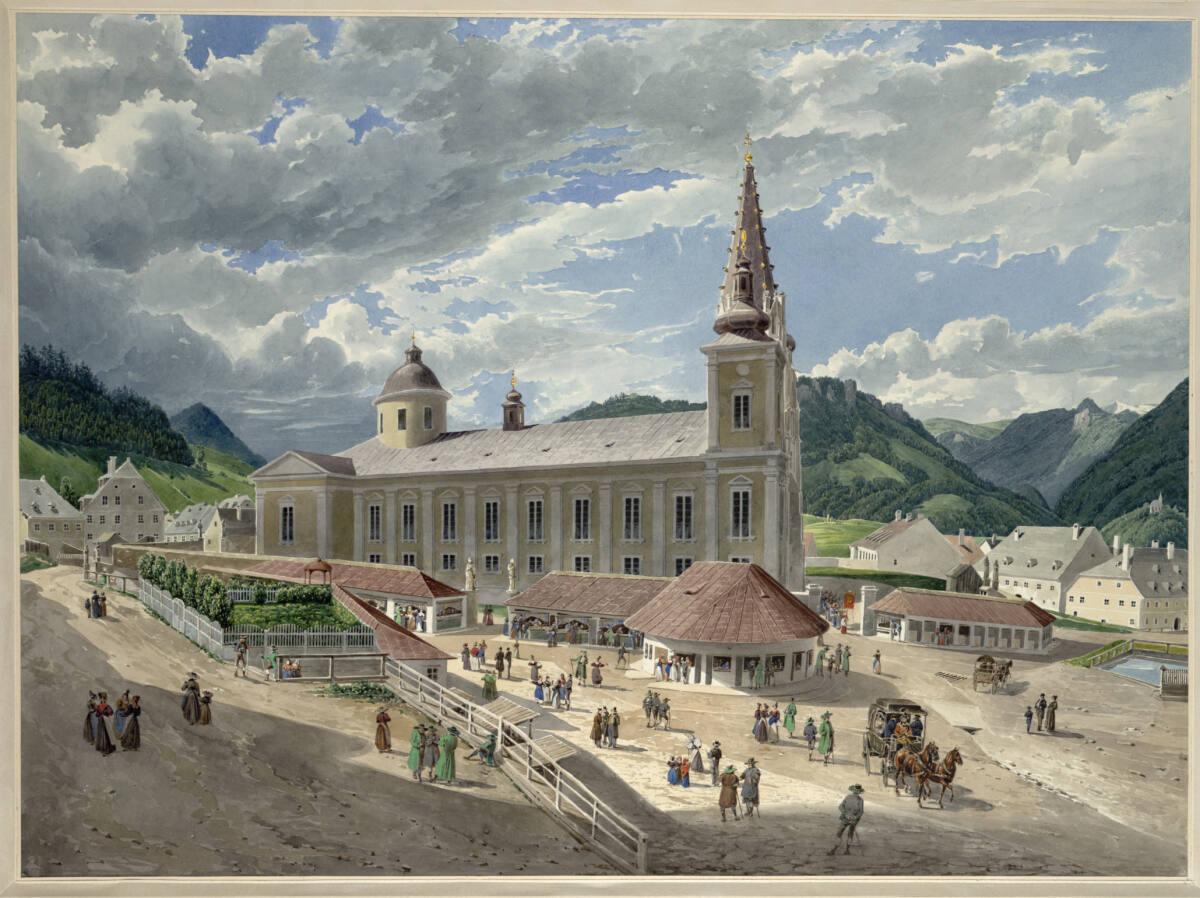 Eduard Gurk, Die Basilika Mariazell vom Kirchplatz aus (Guckkastenblatt), Inv. Nr.: 22634