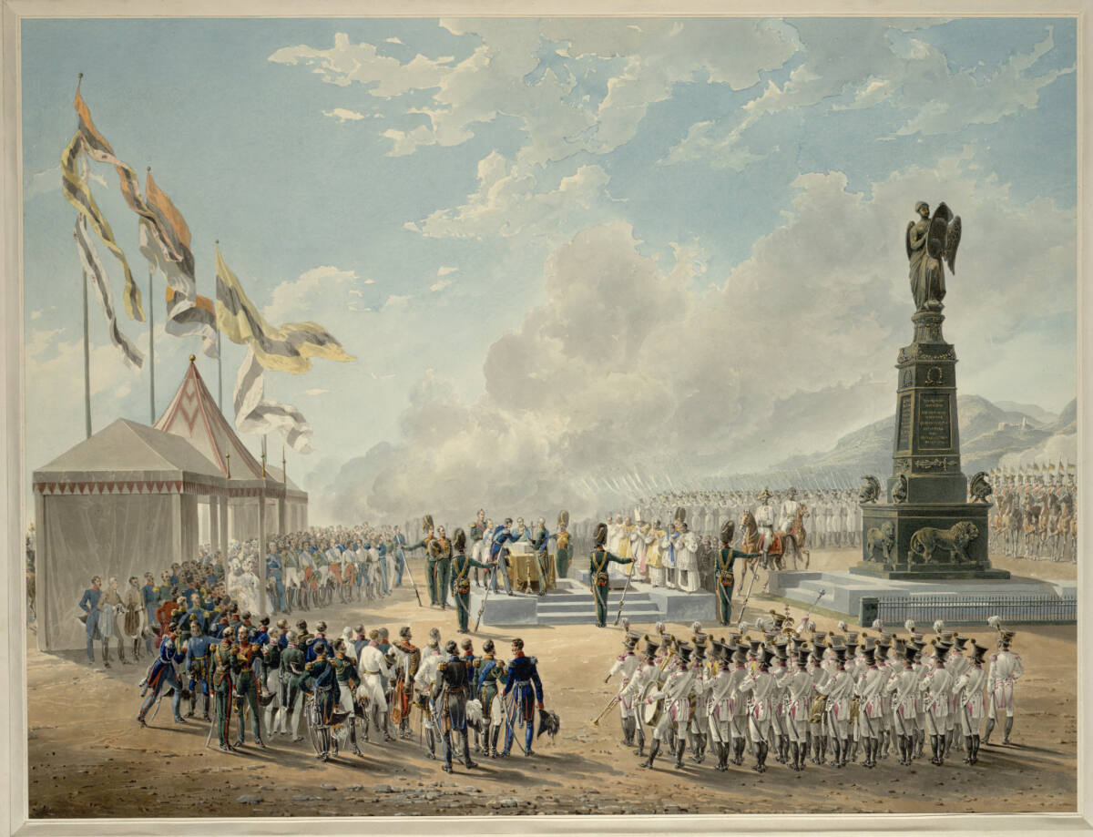 Grundsteinlegung zum Denkmal der Schlacht bei Kulm (Guckkastenblatt), Eduard Gurk