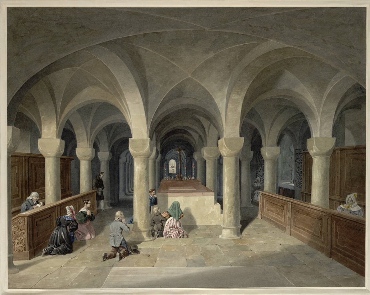 St. Wenzels Grabmal in der unterirdischen Kapelle des heiligen Cosmas und Domian in Altbunzlau (Guckkastenblatt), Eduard Gurk