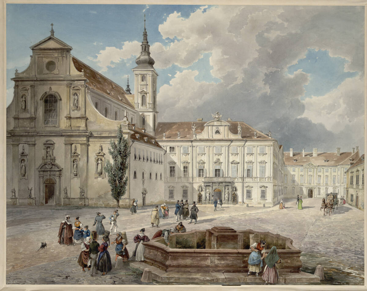 St. Thomaskirche und das Gubernialgebäude in Brünn (Guckkastenblatt), Eduard Gurk