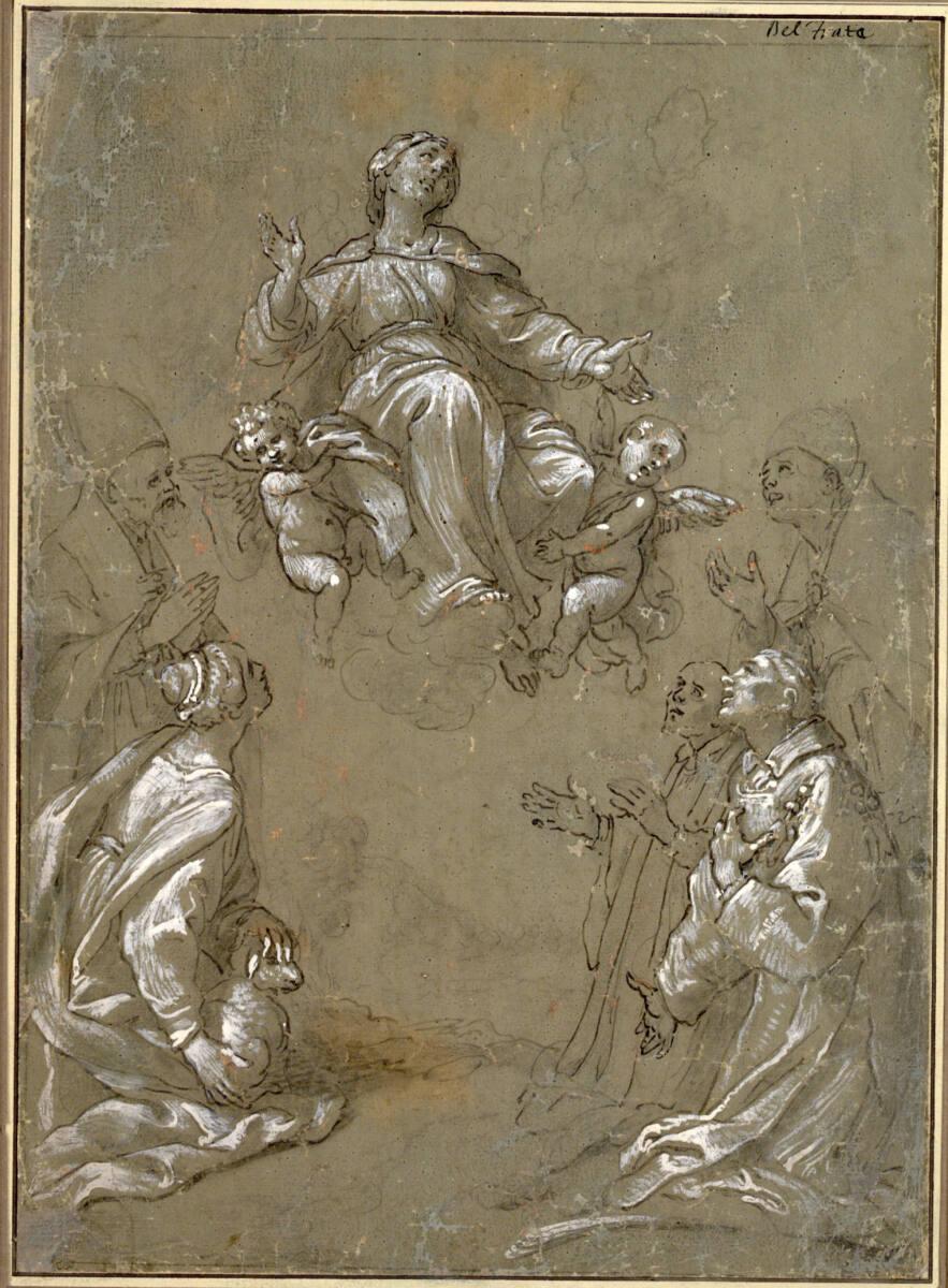 Anonym, Die Madonna auf Wolken, von zwei Engeln getragen, wird von zwei stehenden Klerikern, de…