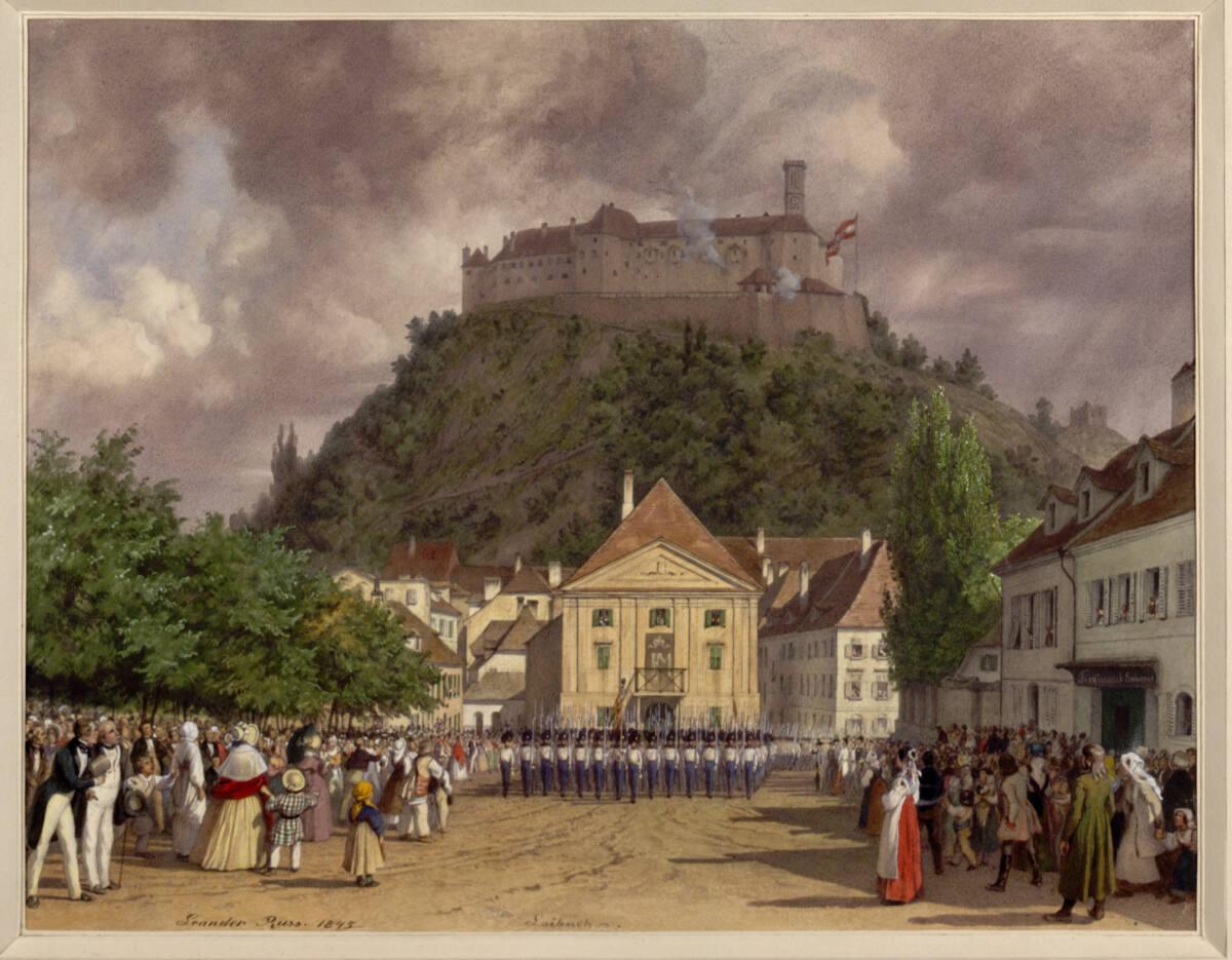 Leander Russ, Parade zur Begrüßung des Kaisers in Laibach (Guckkastenblatt), Inv. Nr.: 22769