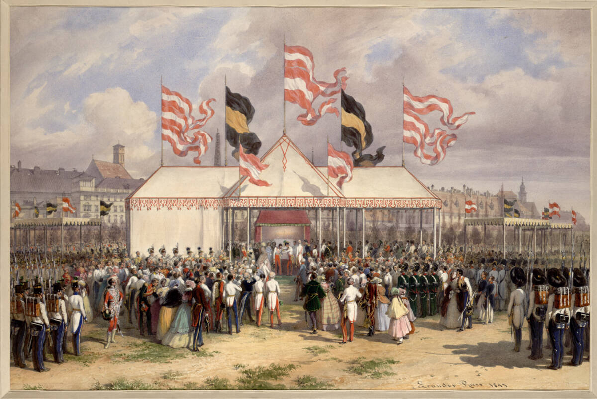 Die Übergabe des Maria Theresien - Ordens an Erzherzog Carl (Guckkastenblatt), Leander Russ, 1843