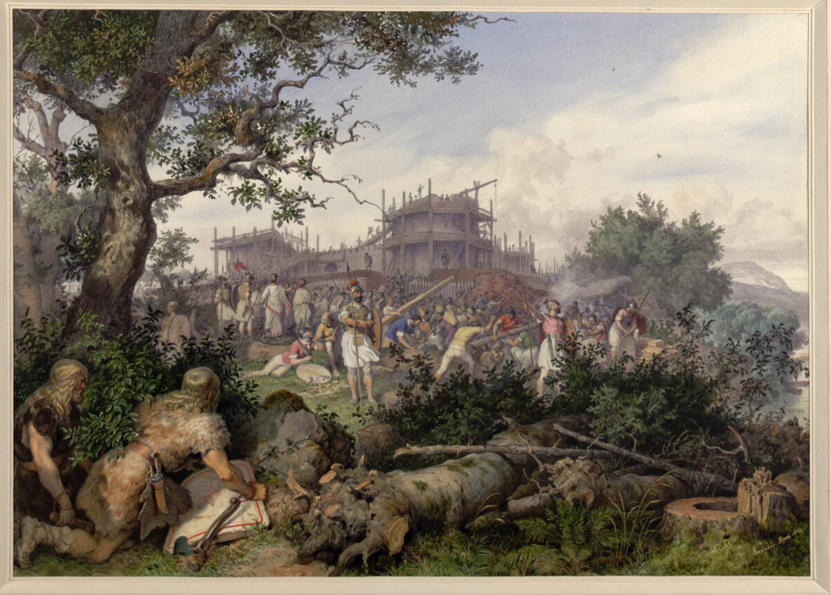Unter dem Kaiser Tiberius erbauen die Römer das Castra Stative Vindobona im 8ten Jahre nach Christi Geburt (Guckkastenblatt), Leander Russ, 1842