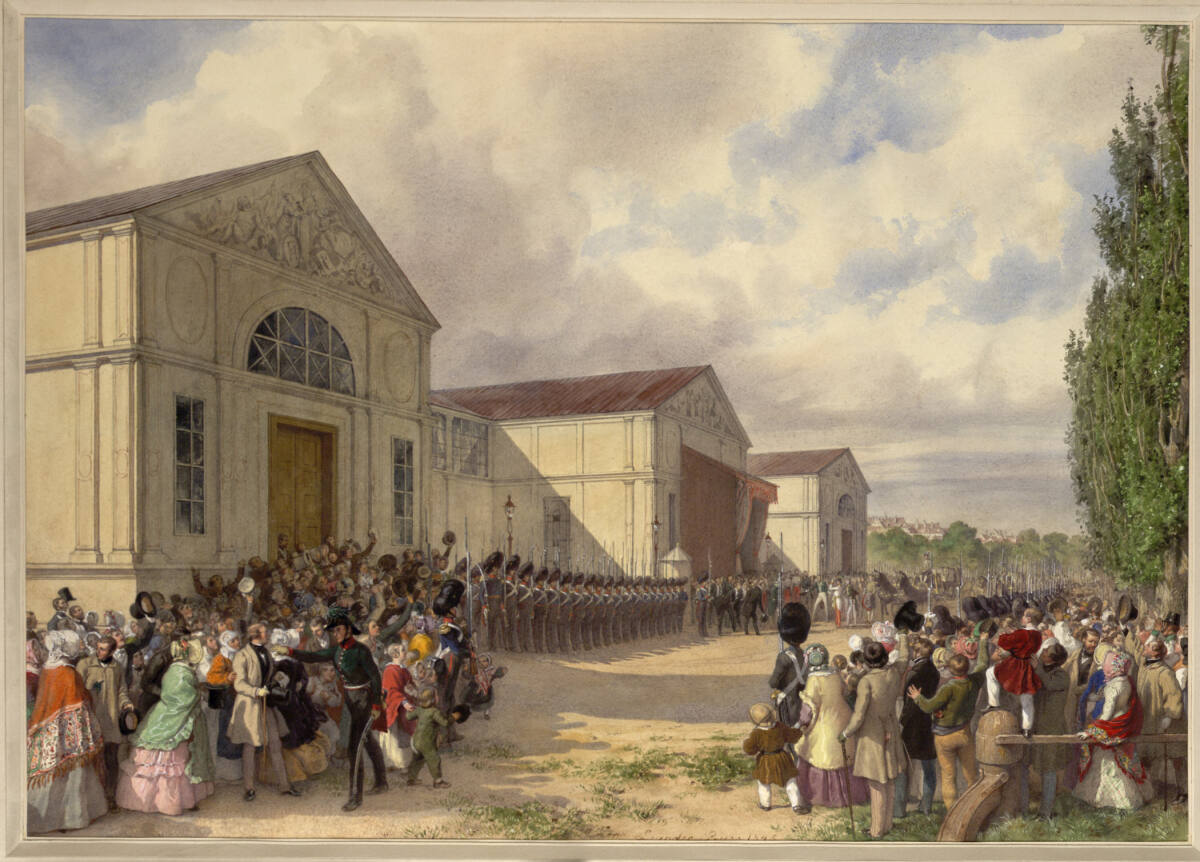 Besuch der Industrieausstellung in Wien im Mai 1845 (Guckkastenblatt), Leander Russ, 1845