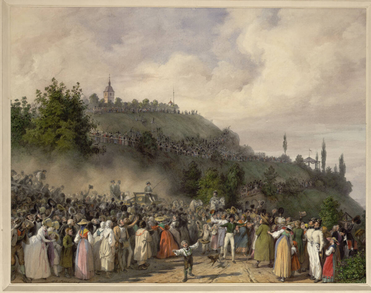 Kaiser Ferdinand I. besucht den Schlossberg zu Graz (Guckkastenblatt), Leander Russ, 1842