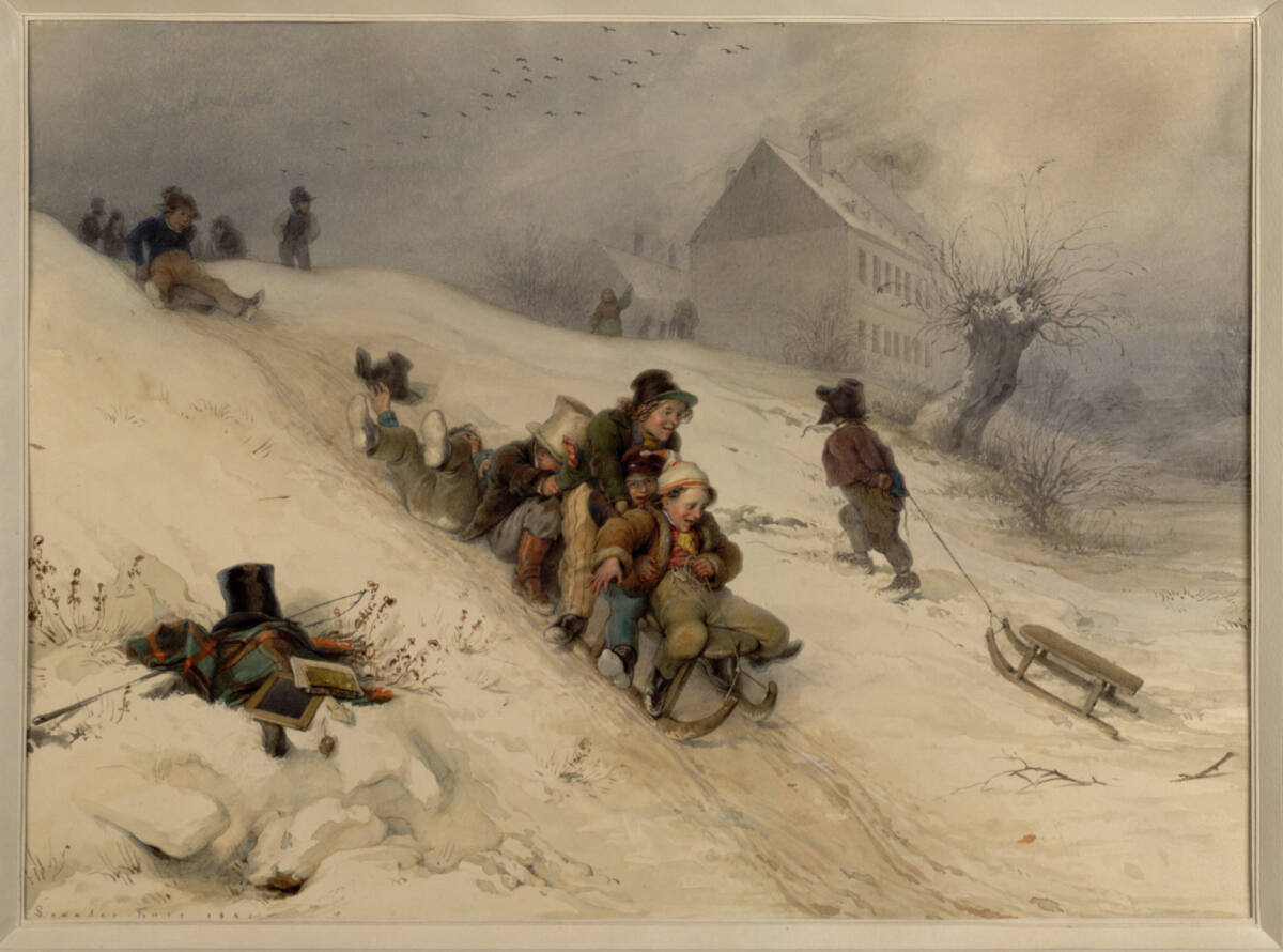 Schlittenfahrende Knaben (Guckkastenblatt), Leander Russ, 1842