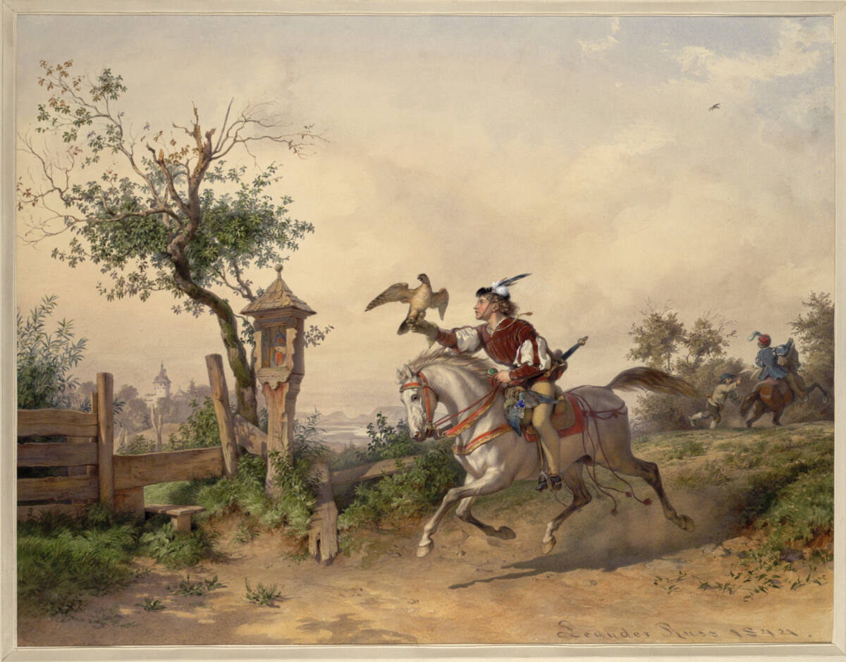 Auf der Falkenjagd (Guckkastenblatt), Leander Russ, 1844