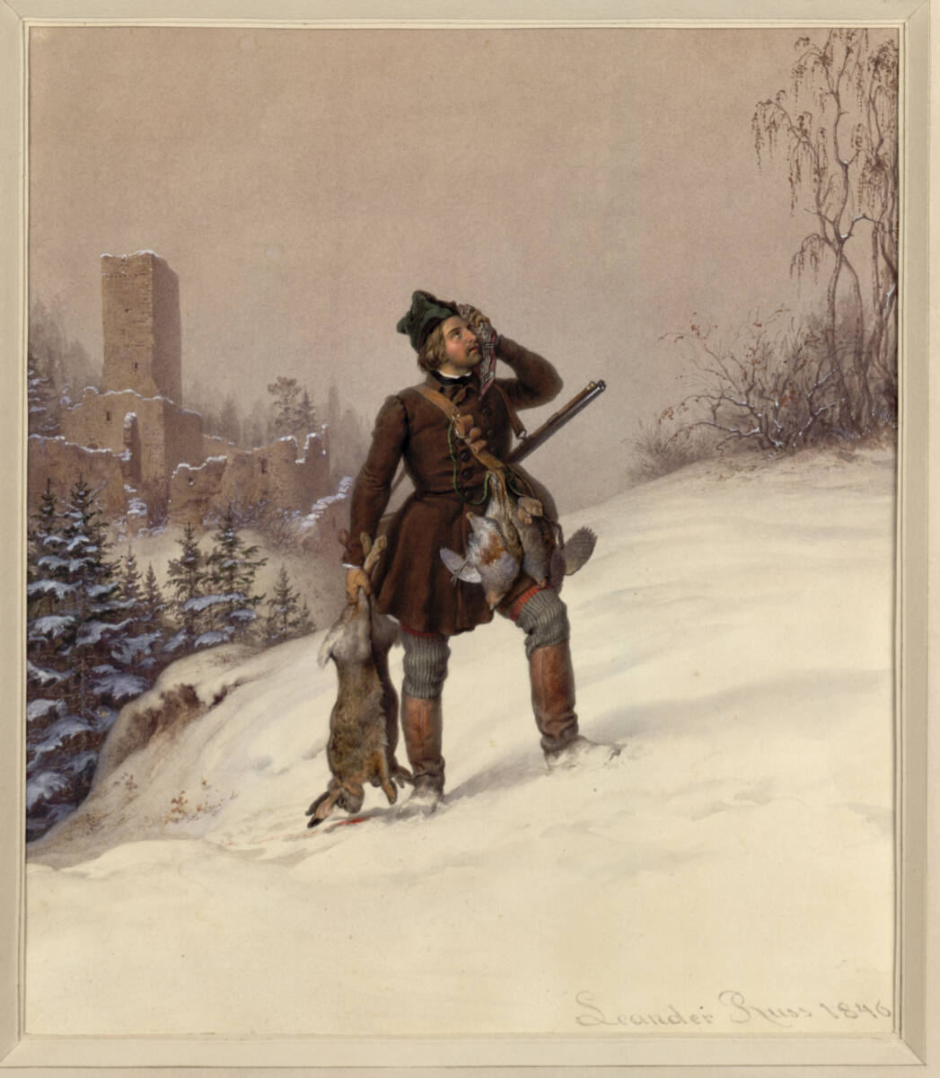 Heimkehr von der Jagd im Winter (Guckkastenblatt), Leander Russ, 1846