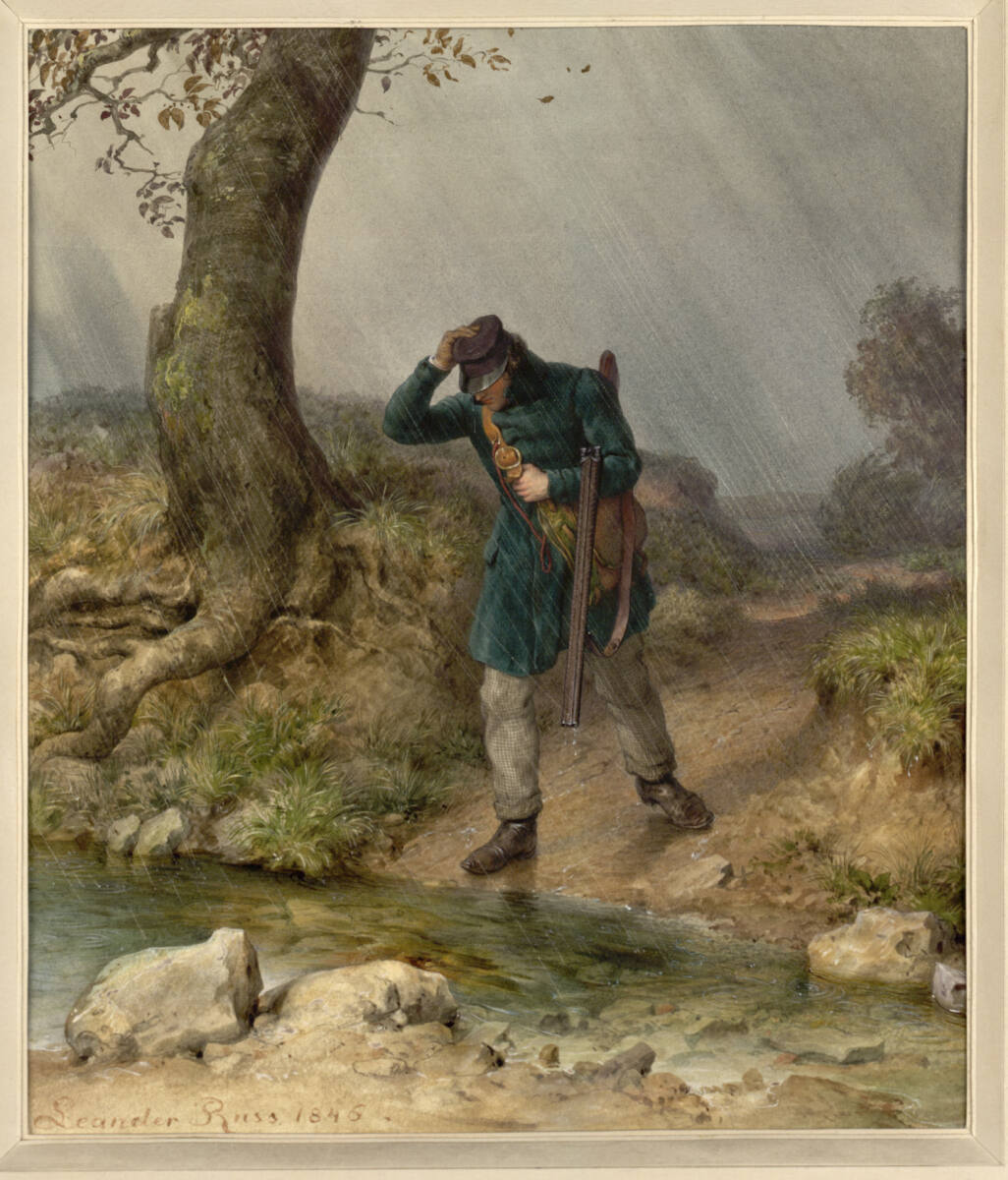 Der Jagdfreund im Regen (Guckkastenblatt), Leander Russ, 1846