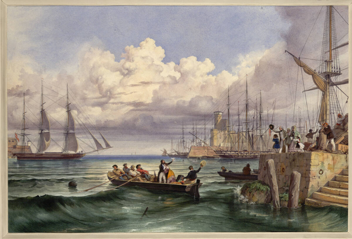 Hafenpartie (Guckkastenblatt), Leander Russ, 1844