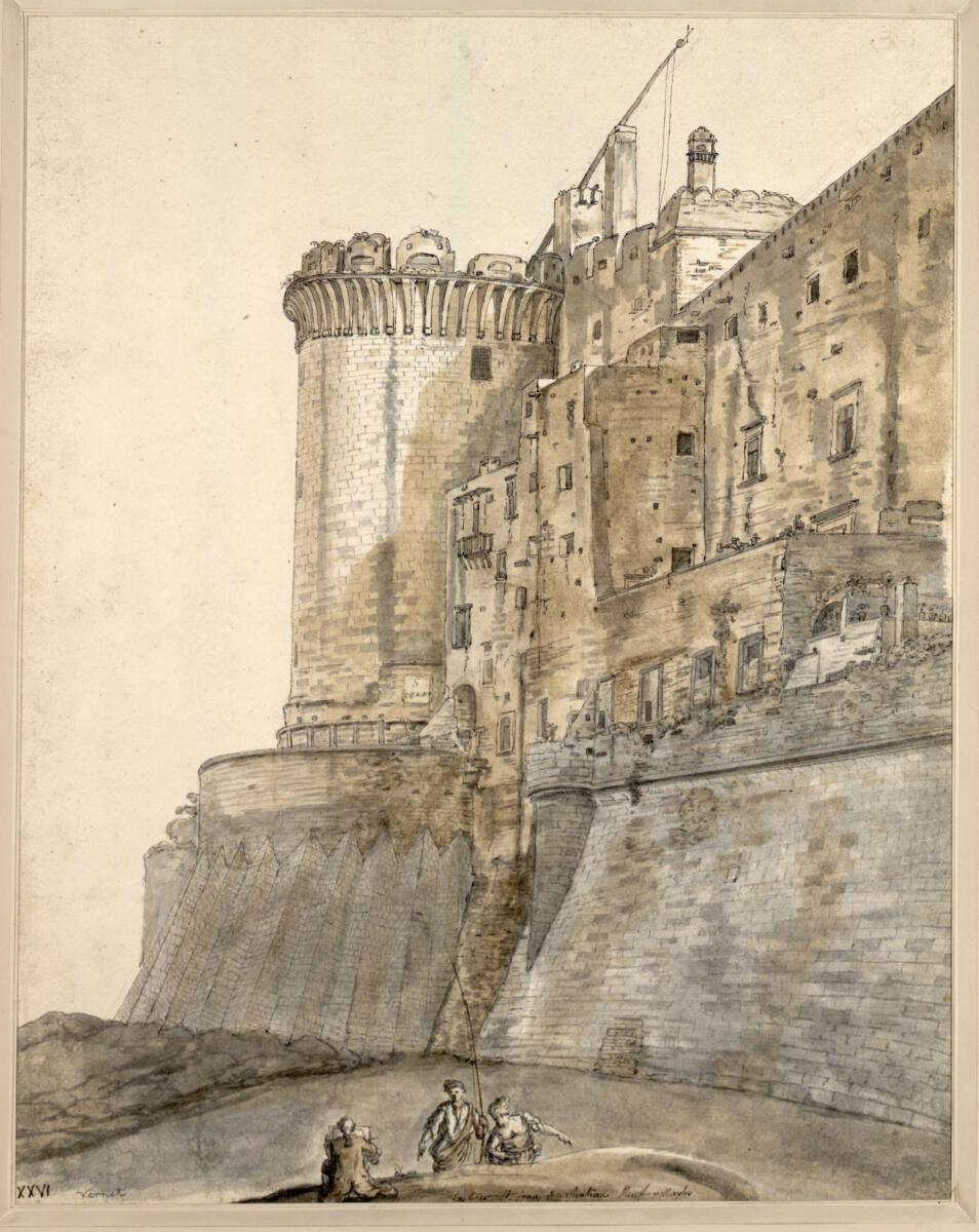 Claude-Joseph Vernet, Ein Künsteler zeichnet den Befestigungsturm des Castell Nuovo in Neapel, …