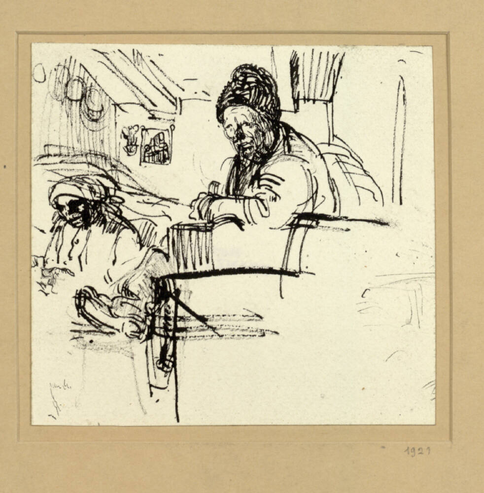 Alter Bauer im Lehnstuhl mit gekreuzten Beinen, links im Hintergrund Kopf einer alten Bäuerin, Franz Hofer, 1921
