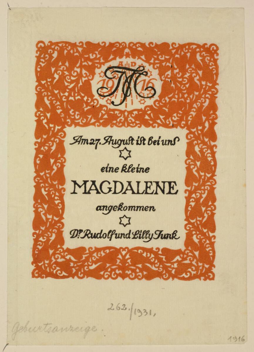 Rudolf Junk, Geburtstsanzeige Magdalene Junk, Inv. Nr.: DG1931/262