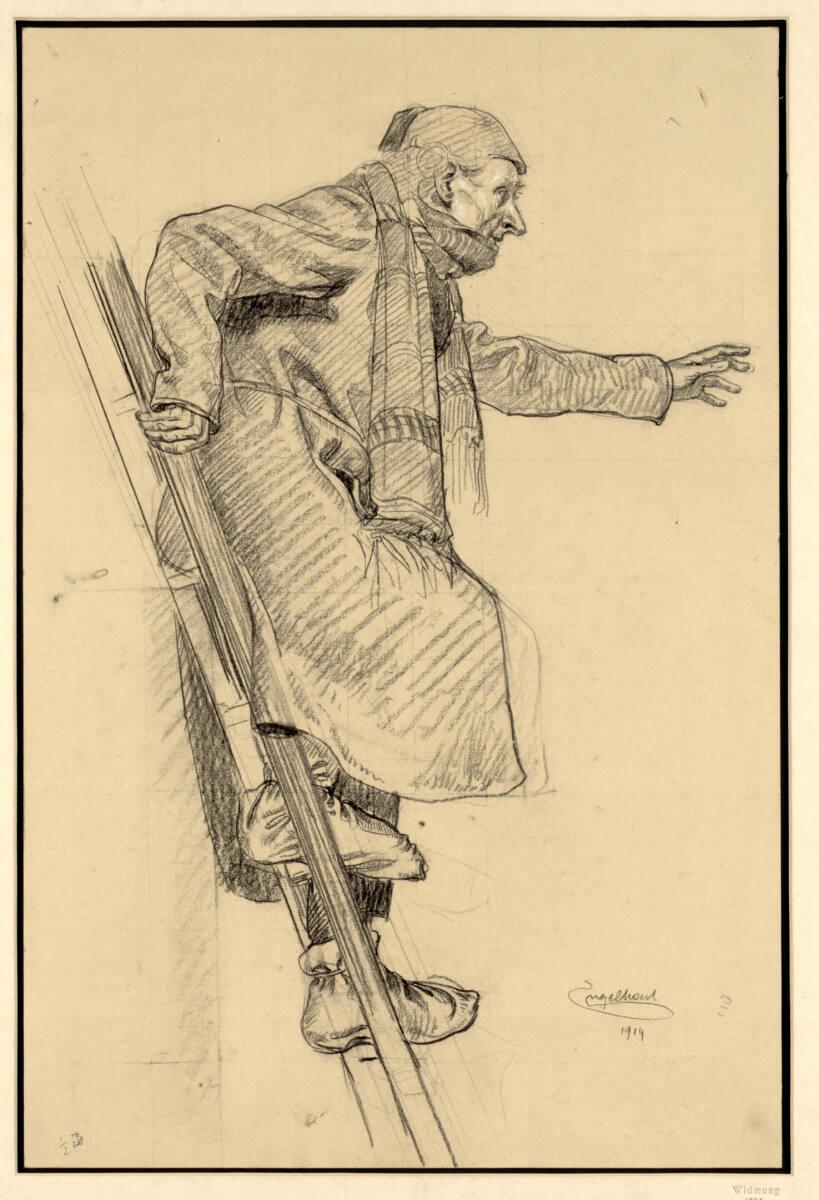 Josef Engelhart, Alter mit Filzschuhen auf einer Leiter, Inv. Nr.: 22879